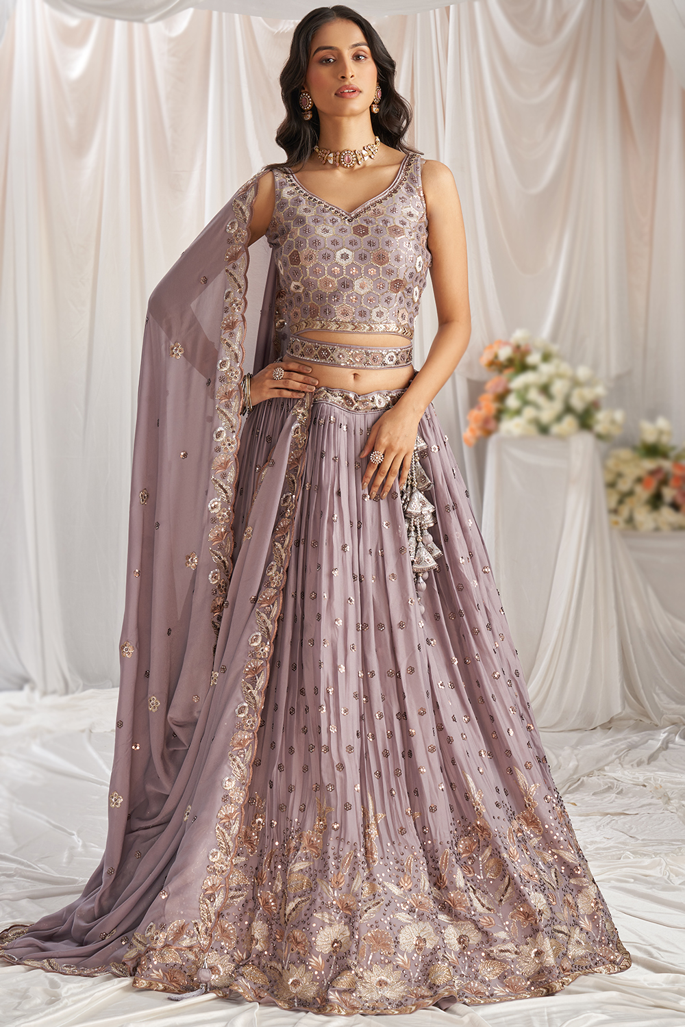 Embroidered georgette lehenga, lehenga and dupatta