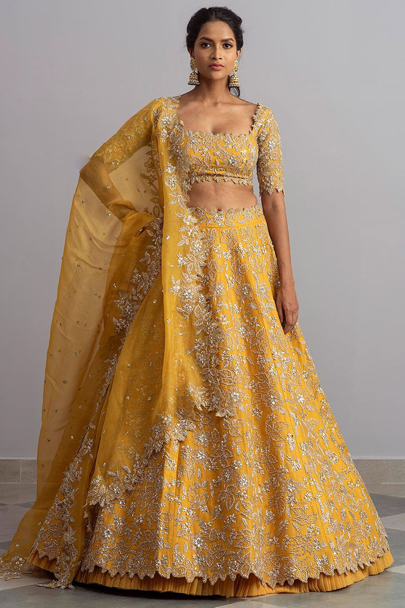 yellow silk lehenga, lehenga and dupatta