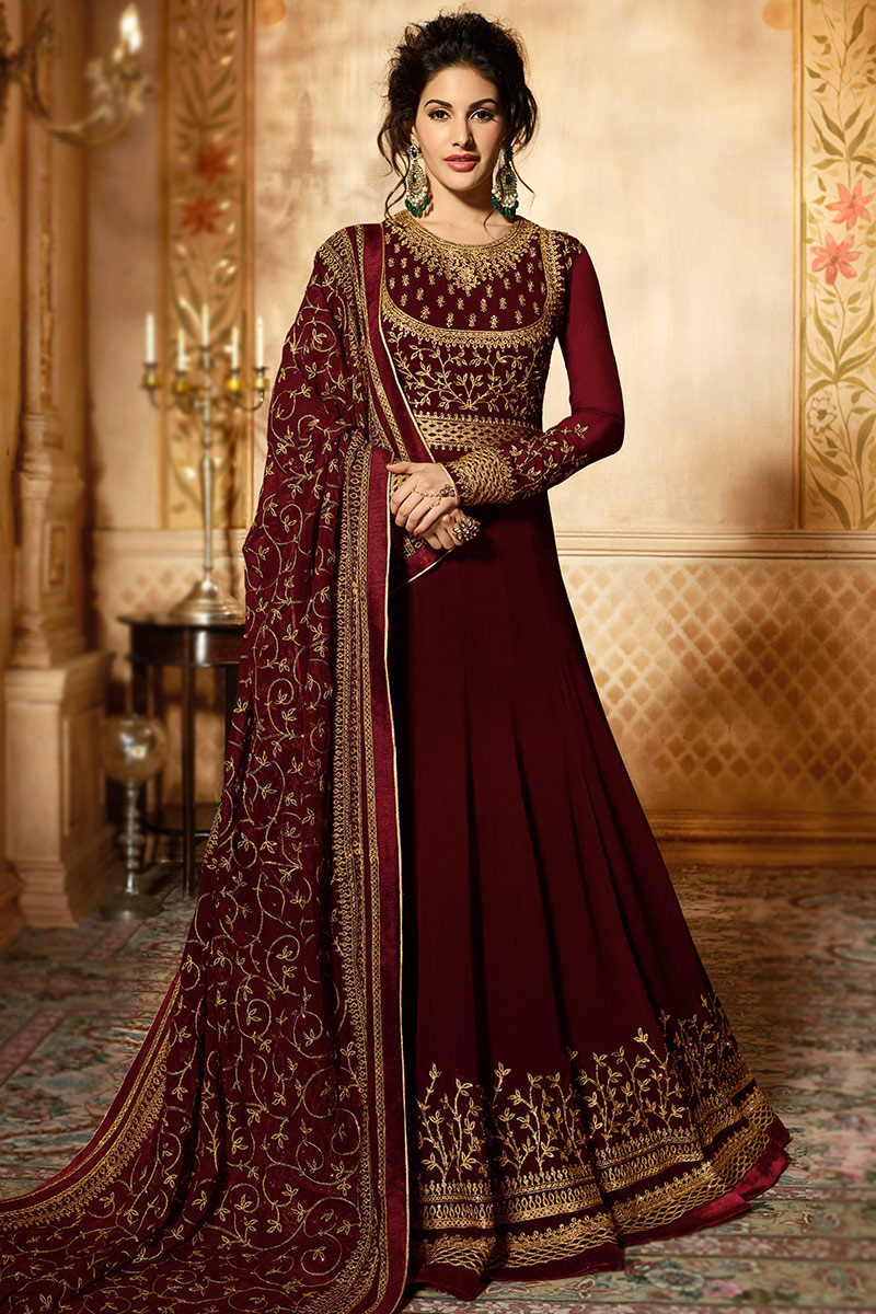 Resham Embroidered Georgette Burgundy Maroon Eid, gown, go gown, eid gown