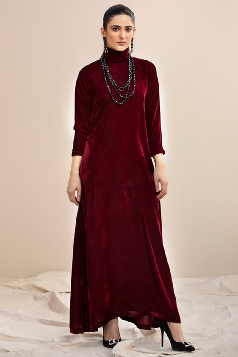 Burgundy Maroon Velvet Abaya Style Gown, gown, go gown, eid gown