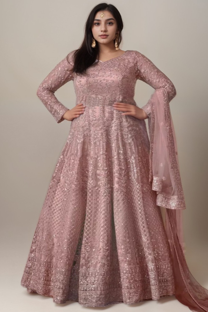 Dusty Pink Plus Size Net Embroidered Eid Anarkali Suit,gown, go gown, eid gown