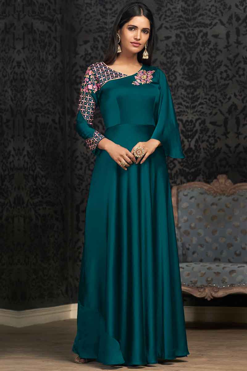 Teal Green Silk Embroidered Party Wear Gown,gown, go gown, eid gown