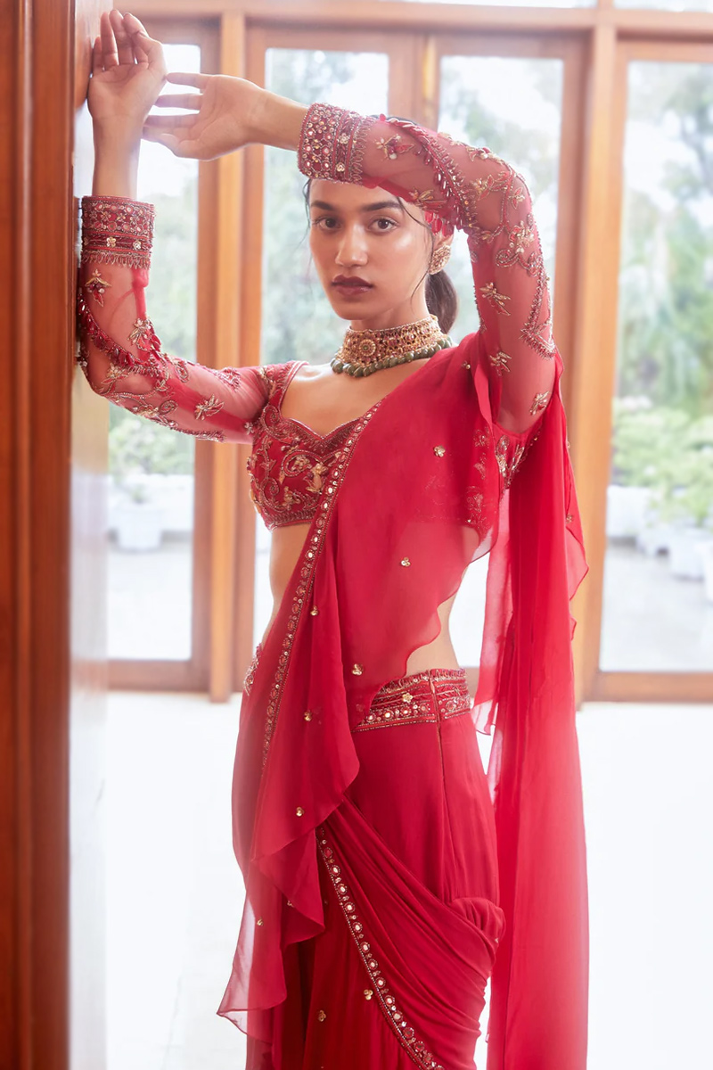 Cherry Red Georgette Embroidered Party Wear Ruffle Saree,