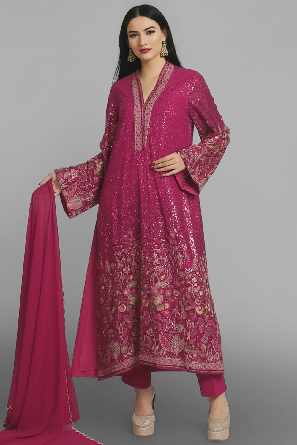 Ruby Pink Georgette Embroidered Straight Cut Trouser Suit