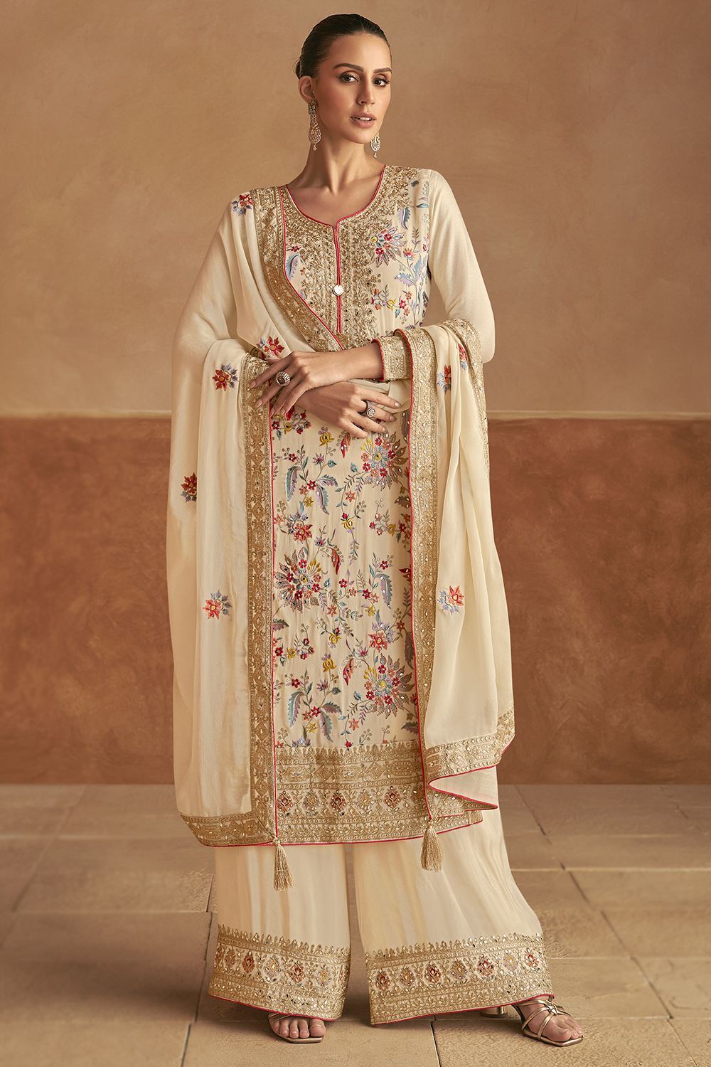 Cream Chinnon Sequins Embroidered Palazzo Suit For Eid