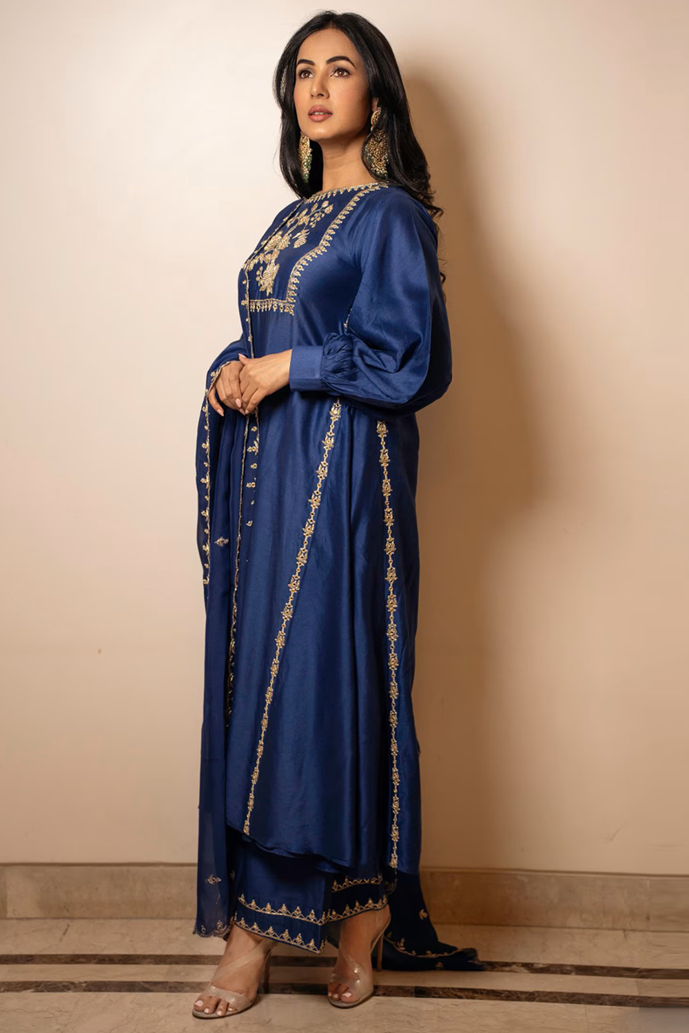 Navy Blue Silk Embroidered Bollywood Straight Pant Suit