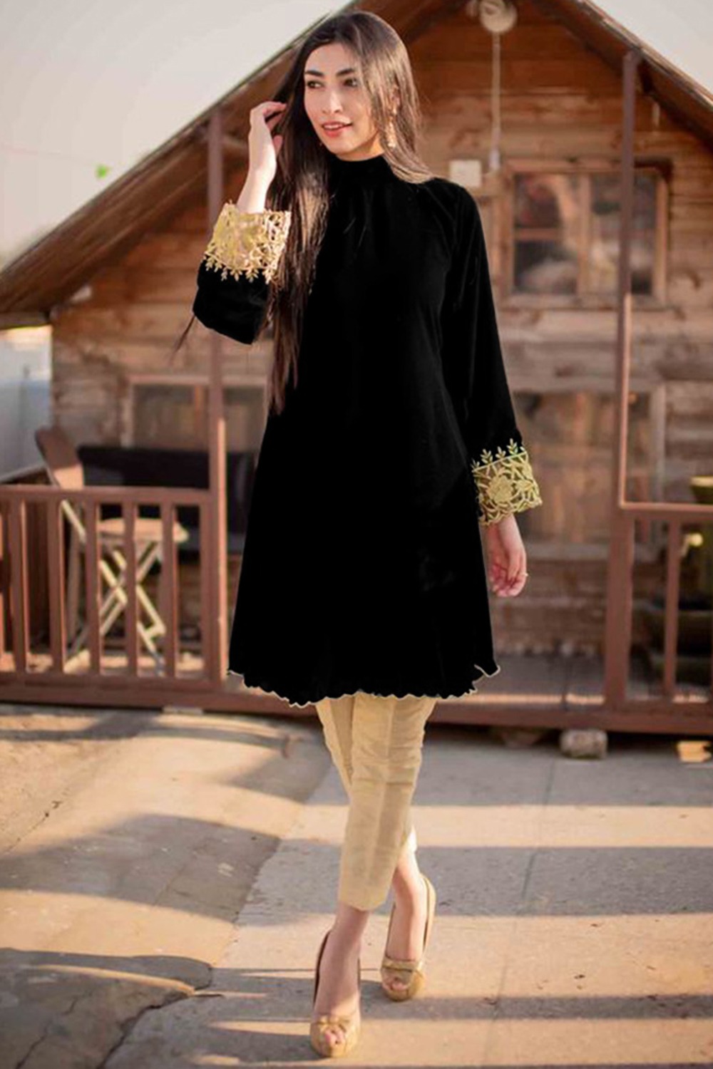 Velvet Black Eid Trouser Suit With Lace Work