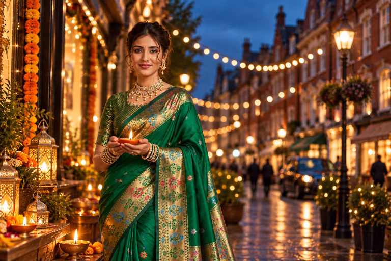 Woman in a deep emerald silk saree holding a diya on a Diwali-lit UK street