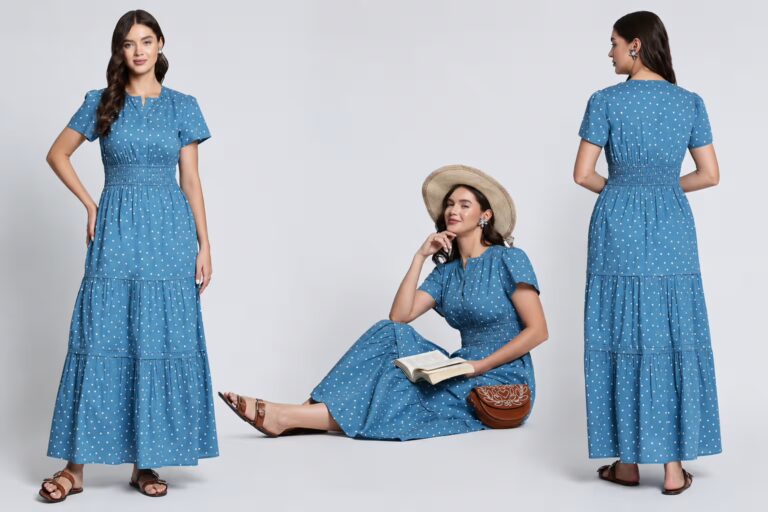 lue Polka Dot Tiered Cotton Midi Dress for Summer Brunch