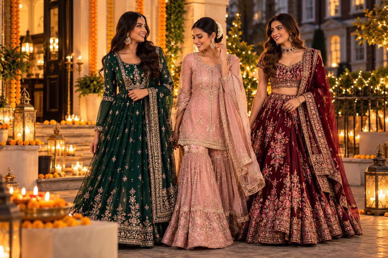 Women Celebrating Diwali 2026 in Pakistani-Style Anarkalis, Sharara & Lehengas wear in the UK